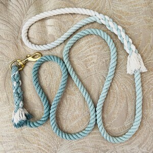 May include: A blue and white ombre cotton rope dog leash with a gold metal clasp.