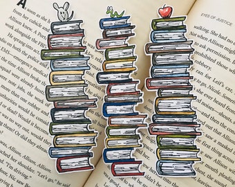 Bookmark Die Cut Stack of Books Choose Mouse Bookworm Apple Watercolor Art Original Painting Teacher Gift Tags Book Club Reading Library