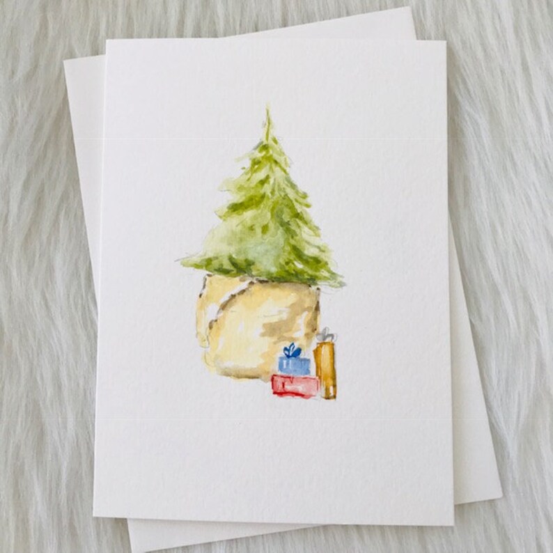 Little Christmas Tree Handmade Blank Holiday Card Ink Sketch Happy Holidays