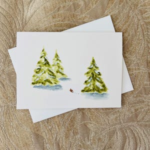 Bunny Rabbit Greeting Card Winter Snow Landscape Evergreen Nature Holiday Art Original Painting Artist Debra Alouise Gift Tag Christmas