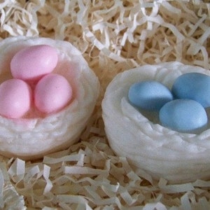 Op de afbeelding: Twee witte nesten, een met drie roze eieren en de andere met drie blauwe eieren. De nesten zijn gemaakt van een zacht, pluche materiaal en liggen op een bed van gescheurd papier.