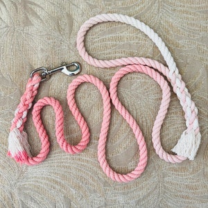 May include: A pink and white ombre cotton rope dog leash with a silver clip.