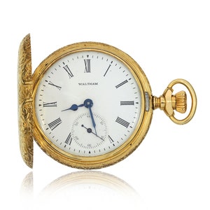 1890 Waltham Working 14K 6s Hunters Case Seaside Pocket Watch with Sweep Second Hand