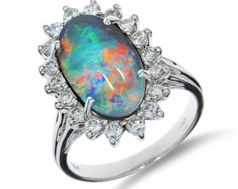 4.53ct Opal and .72ctw Natural Diamond Halo 14K White Gold Ring