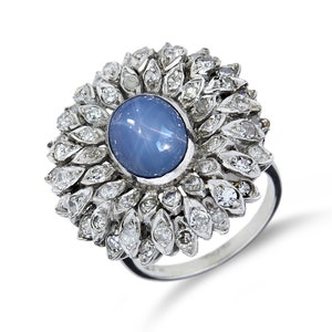 Vintage 14K White Gold 3.89ct Star Sapphire & 1.38ctw Natural Diamond Ring