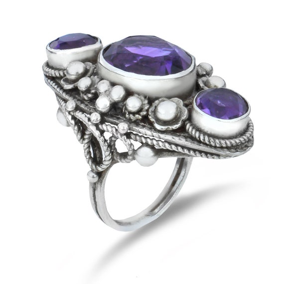 Vintage Sterling Large Amethyst Filigree Ring - image 3