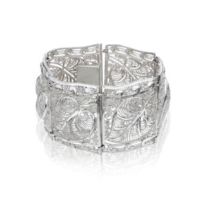 Vintage Sterling Silver German 7&quot; Ornate Floral Filagree Panel Bracelet