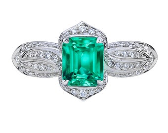 Kat Florence 18K White Gold No Oil Muzo Colombian Emerald Diamond Ring