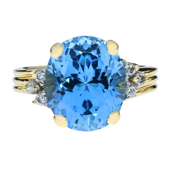 14K Yellow Gold Blue Topaz & Diamond Ring - image 3