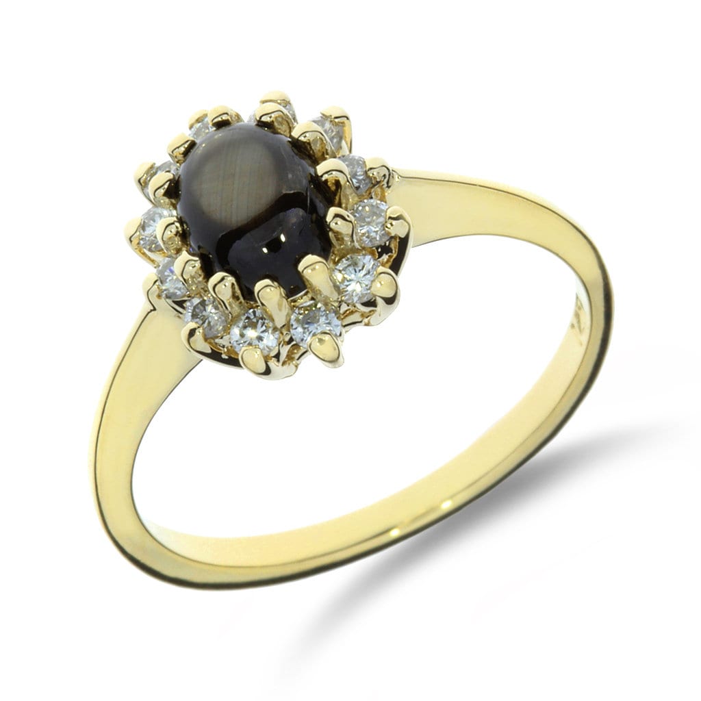 Anello con alone di diamanti naturali e zaffiro nero stellato 14K