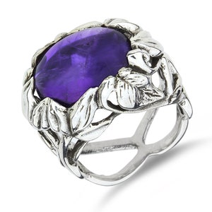 Vintage Sterling Silver 11.00ct Amethyst Cabochon Floral Ring