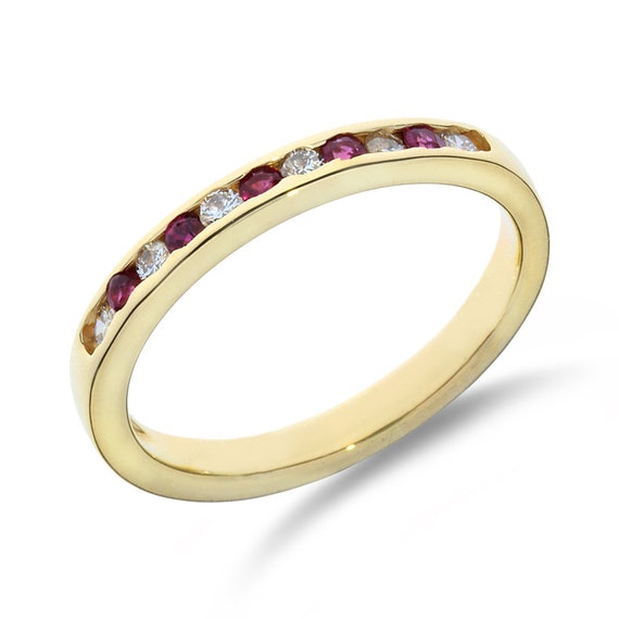 14K Yellow Gold Diamond and Ruby Wedding Band - image 1