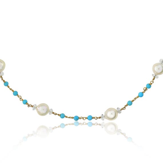 14K Yellow Gold Cultured Pearl, Turquoise and Quartz Beaded
