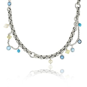 David Yurman Old World 18 kt geelgoud en sterling topaas en parel 30&quot; kabelketting