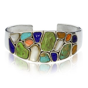 Vintage Southwest Style Sterling Silver Cobblestone Confetti Gemstone Cuff