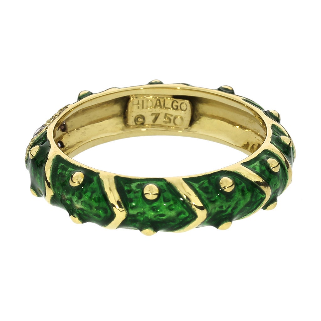 Hidalgo 18K Yellow Gold Green Enamel Diamond Ring Etsy