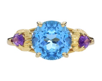 14K Yellow Gold 2.89ct Blue Topaz and Amethyst 3 Stone Ring