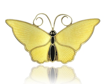 David Andersen Vintage Sterling Silver Large Yellow Guilloche Enamel Butterfly Brooch