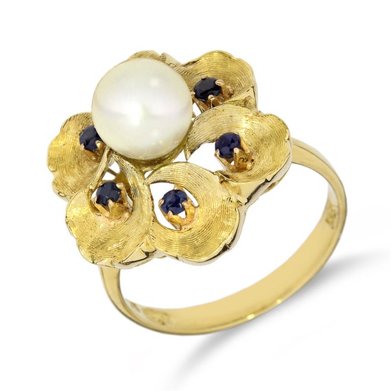 ヴィンテージ 18K イエロー ゴールド パール & サファイア フローラル 