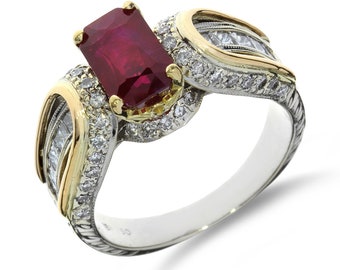 GIA 2.98ct Burmese Ruby  & Natural Diamond 18K White and Yellow Gold Ring