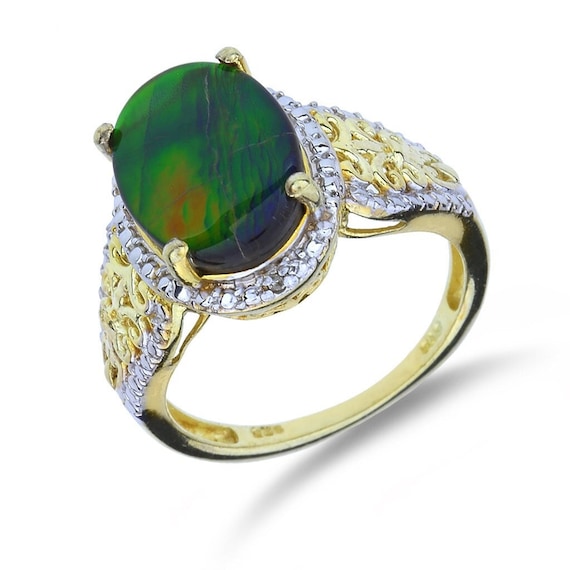 Sterling Silver Ammolite and Diamond Ring - image 1