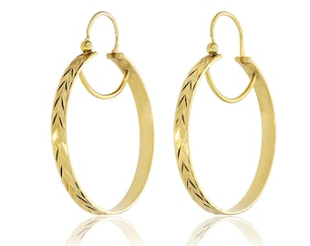 18K Yellow Gold Vintage Engraved Flat Circle Hoop Earrings