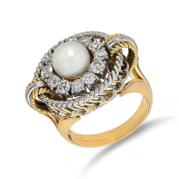 Antique 950 Platinum & 18K Gold with 1.20ctw Old European Diamond Halo Pearl Ring