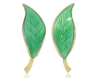 David Andersen Willie Winnaess 1950's Designed Green Guilloche Enamel Leaf Earrings