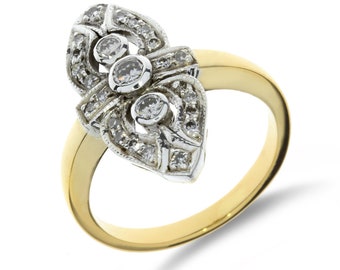 Vintage 18K Yellow and White Gold Navette Natural Diamond Ring
