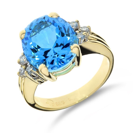 14K Yellow Gold Blue Topaz & Diamond Ring - image 1