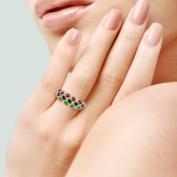 14K Yellow Gold Emerald, Ruby & Sapphire Cluster … - image 2