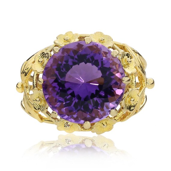 Vintage 18K Yellow Gold Round Amethyst Open Gallery Floral