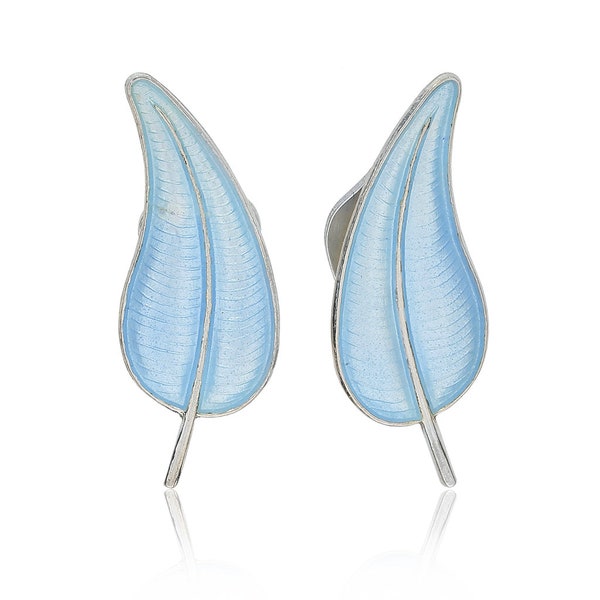 Volmer Bahner Vintage Light Blue Guilloche Enamel Leaf Earrings