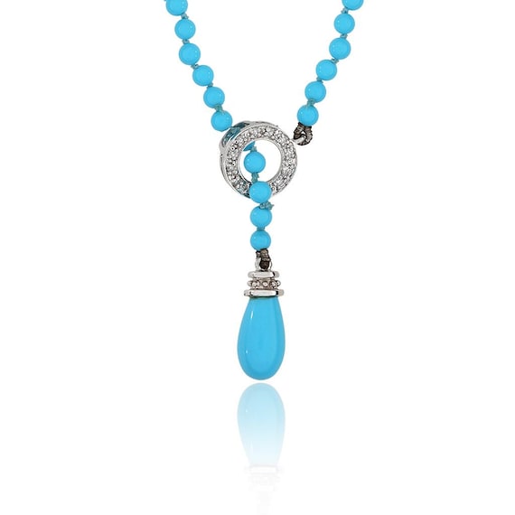 Collana Lariat 50'' Con Perle Coltivate E Gemme Turchesi Naturali Blu Tonde 6-7mm - Foto 3