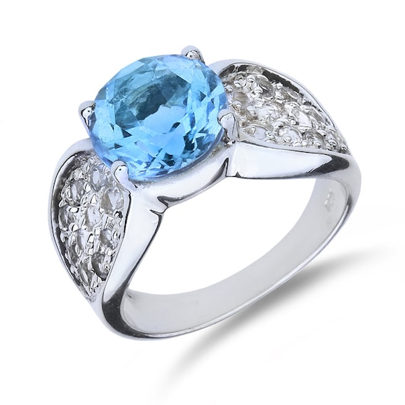 Sterling Silver Blue Topaz with Colorless Topaz Ac