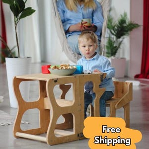 Montessori Kitchen Tower and Learning Chair, Activity kids tower, Helper step stool,  Wooden stool with back indoor playground