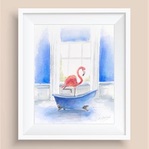 Flamingo in Bathtub Watercolor Print: Quirky Bathroom Art