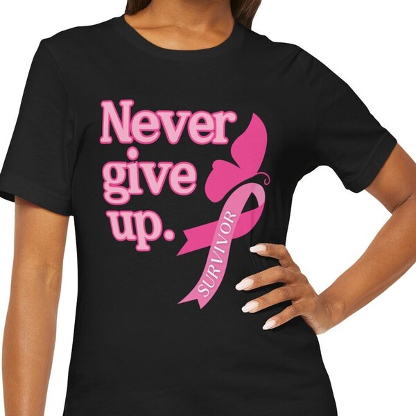 Cancer Survivor T-Shirt, "Never Give Up" Cancer Survivor Gift for her, Breast Cancer, Ovarian Cancer
