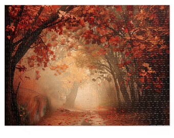 May include: A winding path through a woodland with red and orange leaves. The path is covered in fallen leaves and the trees are shrouded in mist.