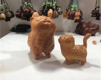 Mini wooden cat cute solid wood hand carved kitten statue, gift for her