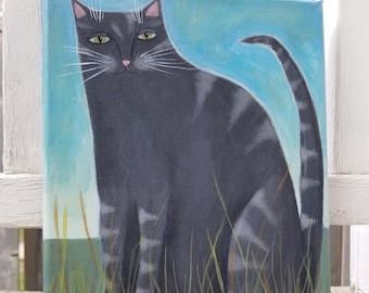 Original Gray Tabby Cat Primitive Painting - Naive Folk Art  Prim Home Wall Decor