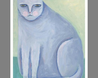 Whimsical Purple Cat PRINT - made from original painting, Quirky Folk Art Wall Decor