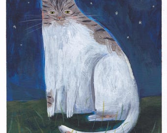 White and Gray Brown Tabby Cat Night Sky Scene Original Acrylic Painting, Whimsical Folk Art