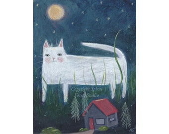 White Cat Guards House at Night Original Painting - Whimsical cute illustration