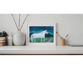 Original Acrylic Painting,  White Horse on the Path to the Mountains under a Night Sky, Naive Folk Art Picture, Handpainted Wall Decor