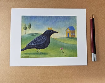 Crow fairy tale print  Whimsical raven illustration in a folk art style  Happy bird art