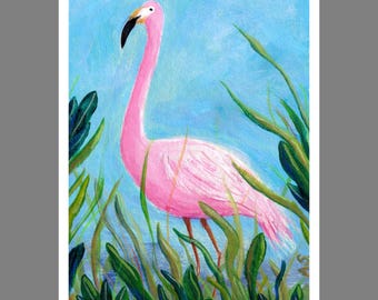 Flamingo with Tropical Plants Art PRINT, Modern Coastal Scene Wall Decor, Vibrant Color