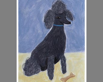 Black Standard Poodle with Bone Art Print, Whimsical Wall Art, Quirky Home Decor, Kids Nursery Room
