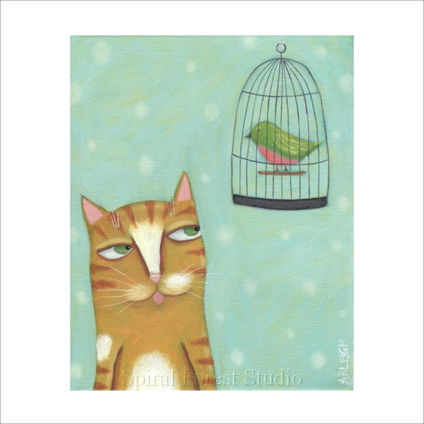 Orange and white cat looking at bird in cage PRINT -  Whimsical folk art kids wall decor