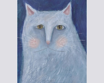 White Cat Portrait Face PRINT from painting,  Dreamy Blue Feline Wall Art